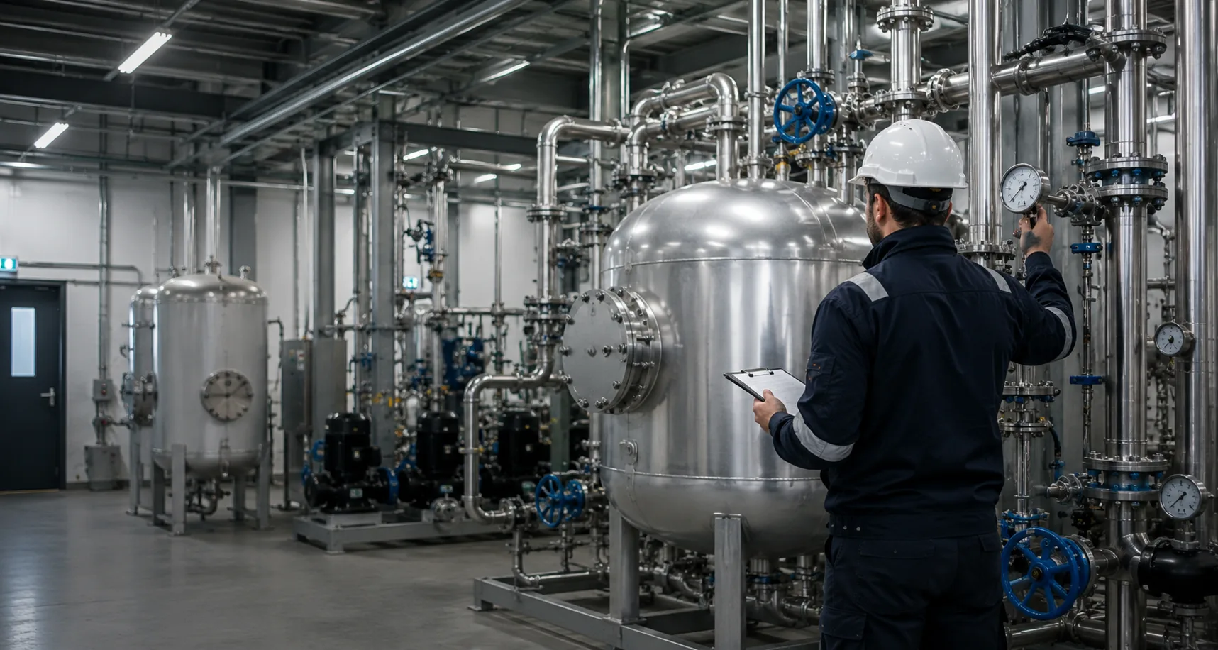 An expert carrying out inspections of pressure vessels and pressure gauges at an industrial plant